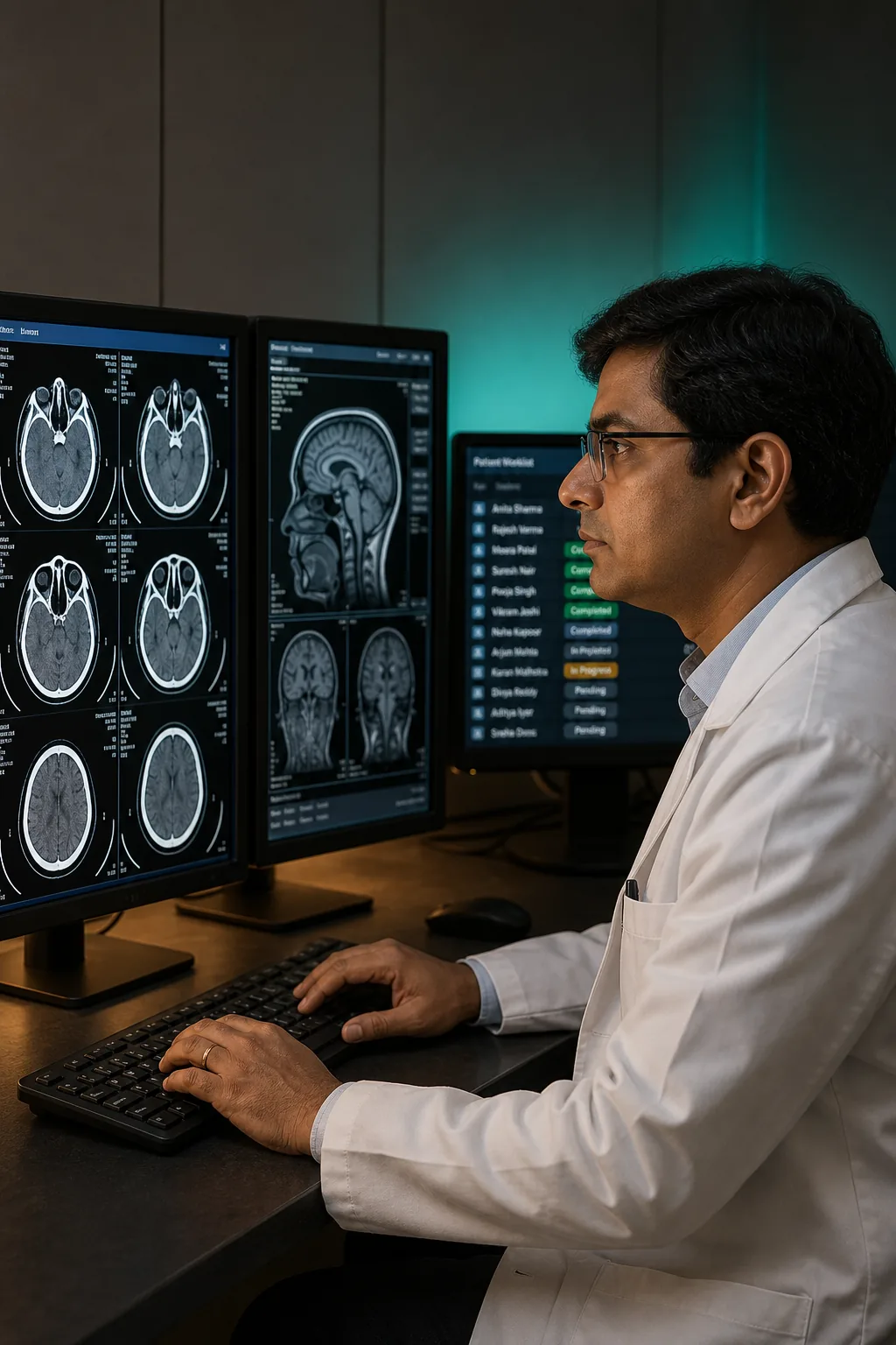 Radiologist reviewing CT and MRI scans on a dual-monitor workstation
