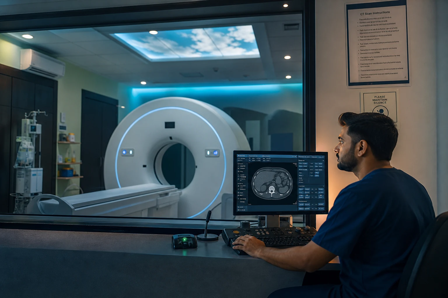 Technician at a CT scanner console in a modern hospital radiology suite